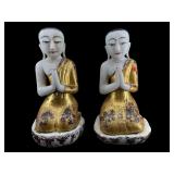 2 ANTIQUE PRAYING MONK MARBLE STATUES