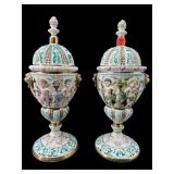 2 CAPODIMONTE HAND PAINTED LIDDED PORCELAIN URNS