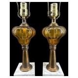 PR OF AMBER GLASS ON MARBLE BASE TABLE LAMPS