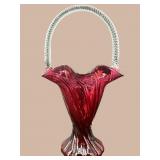 FENTON SWIRLED CRANBERRY LARGE BASKET