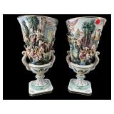 2 LARGE CAPODIMONTE FIGURAL FOOTED URN VASES