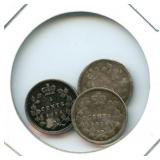 Group of 3 Canadian Silver 5 Cents from 1800's -