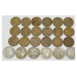 3 Indian Head Cents, 15 Wheat Pennies and Six