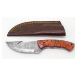 New Damascus Blade Gut Hook Knife with Leather