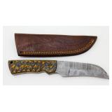 New Damascus Blade Hawkbill Knife with Leather