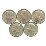 Lot of 5 Kennedy 40% Silver Half-Dollar Coins,
