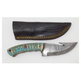 New Damascus Blade Gut Hook Knife with Leather
