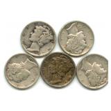 Group of 5 Mercury Silver Dimes