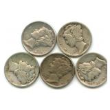 Group of 5 Mercury Silver Dimes
