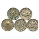 Group of 5 Mercury Silver Dimes