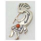 Vintage Sterling Silver Coral Kokopelli Brooch