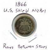 1866 U.S. Shield Nickel - Rays Between Stars