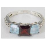 Garnet & Blue Topaz 3-Stone Ring - 925 Sterling