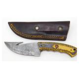 New Damascus Blade Gut Hook Knife with Leather