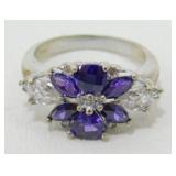 Sterling Silver Ring with Purple & White Stones -
