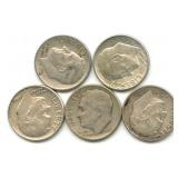Group of 5 Roosevelt Silver Dimes