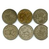 Group of 6 Mexican Silver One Peso Coins
