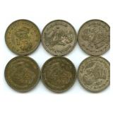 Group of 6 Mexican Silver One Peso Coins
