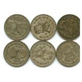 Group of 6 Mexican Silver One Peso Coins