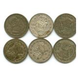 Group of 6 Mexican Silver One Peso Coins