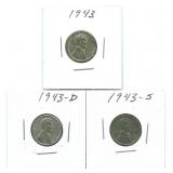 Set of 1943 Lincoln Steel Cents - P, D & S Mints