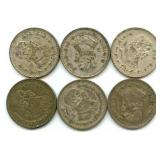 Group of 6 Mexican Silver One Peso Coins
