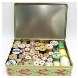 Old Tin Box Filled with Old Wooden Spools of