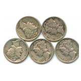 Group of 5 Mercury Silver Dimes