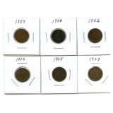 Group of 6 Indian Head Cents - 1889, 1900, 1902,