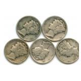 Group of 5 Mercury Silver Dimes
