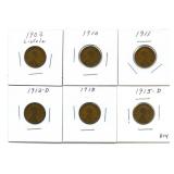 Group of 6 Early Lincoln Wheat Cents - 1909,