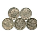 Group of 5 Mercury Silver Dimes