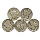 Group of 5 Mercury Silver Dimes
