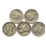 Group of 5 Mercury Silver Dimes