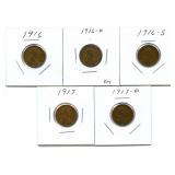 Group of 5 Early Lincoln Wheat Cents - 1916,