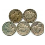 Group of 5 Mercury Silver Dimes