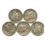 Group of 5 Mercury Silver Dimes