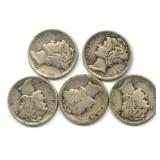 Group of 5 Mercury Silver Dimes