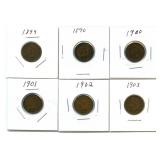 Group of 6 Indian Head Cents - 1890, 1899, 1900,