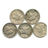 Group of 5 Mercury Silver Dimes
