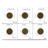 Group of 6 Lincoln Wheat Cents - 1925-D, 1927-D,