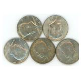Lot of 5 Kennedy 40% Silver Half-Dollar Coins,