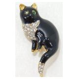 Vintage Cat Brooch with Green Jeweled Eyes and