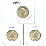 3 Silver 1964 Quarters