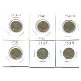(6) U.S. Buffalo Nickels: 1918-S, 1920, 1920-S,