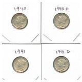 (4) 90% Silver Mercury Dimes: 1940, 1940-D, 1941