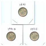 (3) 90% Silver Mercury Dimes: 1941, 1941-D and