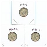 (3) 90% Silver Mercury Dimes: 1941-D, 1942-D and