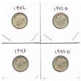 (4) 90% Silver Mercury Dimes: 1942, 1942-D, 1943