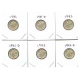 (6) 90% Silver Mercury Dimes: 1941, 1941-D, 1942,